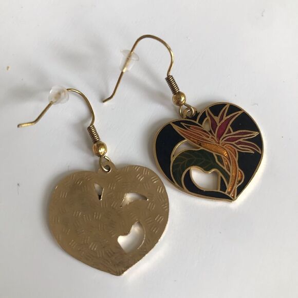 Cloisonné Tropical Flower Heart Shaped Vintage Pierced Earrings - Picture 9 of 14